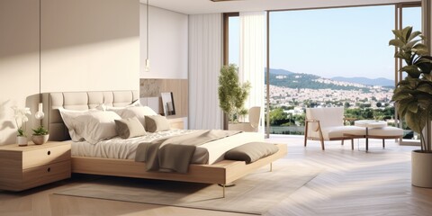 illustration of bedroom, sofa, bright environment, large floor, generative AI