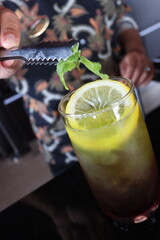 cold water with a slice of lemon fruit and mint leaf