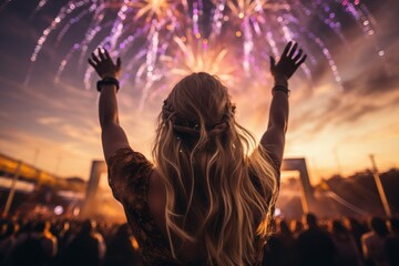Woman at music festival with fire work. Generative AI