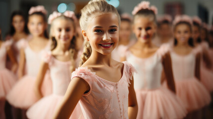 Little ballerinas, Girl wearing pink tutu skirt and having fun ballet class.