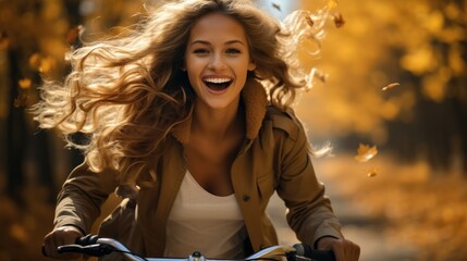 Happy Young woman rides bike through forest.