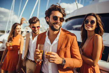 People and lifestyles concept. Beautiful and rich young men and women in luxury party on yacht. Multicultural young adult friends celebrating during summer time. Generative AI - obrazy, fototapety, plakaty