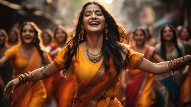 Indian women dancing on the streets in traditional dresses in celebrating Holi festival.