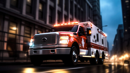 Medical emergency ambulance car are driving on road city. - obrazy, fototapety, plakaty