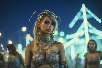 Lifestyles, fashion and make-up concept. Beautiful and sexy woman portrait with carnival costume during festival. Dusk with disco light background during warm sunny evening. Generative AI - obrazy, fototapety, plakaty