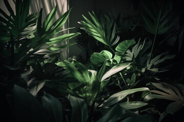 Nature and plants concept. Soft light shadows of tropical leaves and foliage background. Dense tropical dark greenery indoors background with copy space. Generative AI - Powered by Adobe