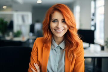 portrait of smiling young woman with dyed orange hair and jacket in office	
