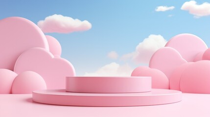 Generative AI : Background pink rendering with podium and minimal cloud scene, minimal product display background  - obrazy, fototapety, plakaty