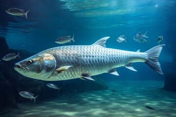 Generative AI : Indo Pacific tarpon, Fish, Megalops cyprinoides, Tarpon Indo Pacific or Megalops cyprinoides fish in aquarium, 4k image, Landscape Photography, Under water Fish Scenery