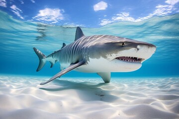 Naklejka premium Generative AI : Tiger Shark Up Close Full Body Shot. Stripes showing in clear blue water with white sandy bottom. Photo taken in The Bahamas.