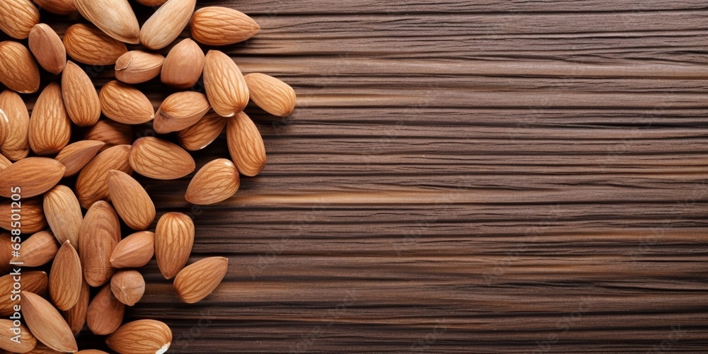 Poster generative ai : almond nuts on a wooden table. top view. copy space