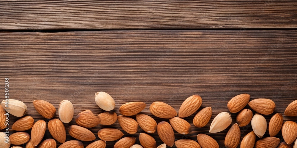 Poster generative ai : almond nuts on a wooden table. top view. copy space