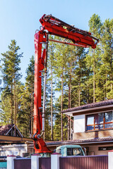 Concrete pump truck  machine used for transferring liquid concrete by pumping that attached to...