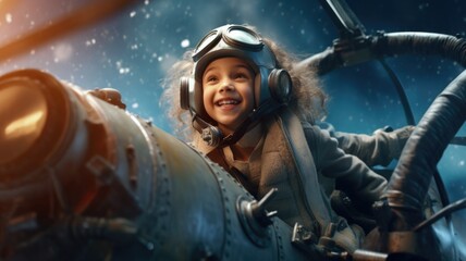 Aviator Girl, excited, flying above clouds in the sky. Generative AI image weber. - obrazy, fototapety, plakaty