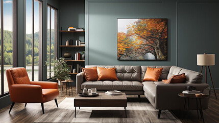photo of retro living room interior design with gray walls