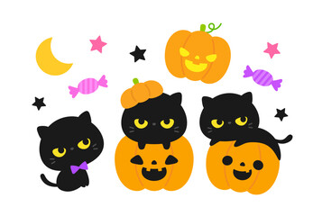 ハロウィン　黒ネコとカボチャのおばけ