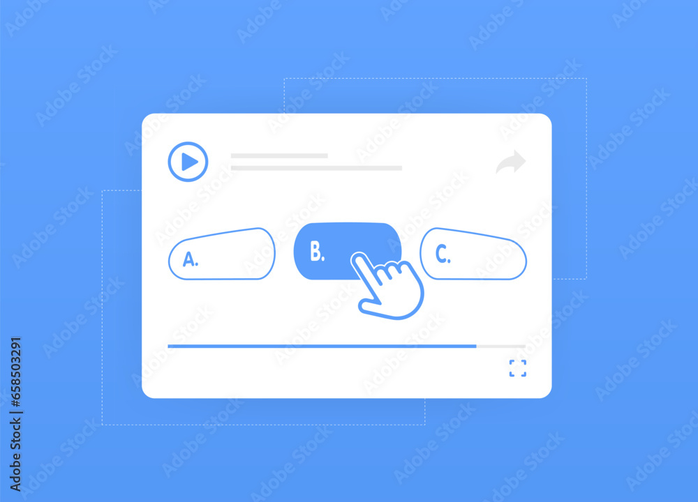 Poster interactive video quizzes concept. add interactions on video clips - quizzes pop up, elaborating tex