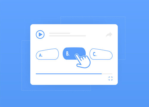 Interactive Video Quizzes concept. Add interactions on video clips - quizzes pop up, elaborating text and links. Vector isolated illustration on blue background with icons