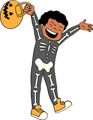 Cute boy wearing skeleton costume for halloween party