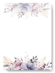 Fototapeta na wymiar Beautiful soft purple rosse floral frame wedding invitation card template