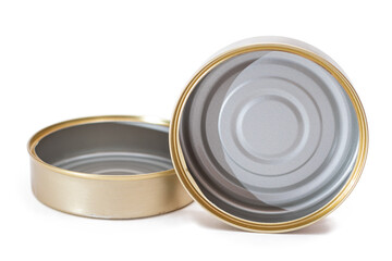 Two Opened Empty Tin Cans Isolated on White Background. Clean Used Aluminum Cans - Isolation. Non-Degradable Inorganic Waste