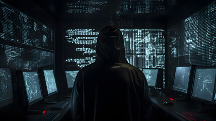 Obscured Hacker in Hood in Dark Room with Multiple Screens Displaying Code, AI Generated Image