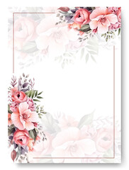 Border frame with pink carnation floral watercolor background of wedding invitation.