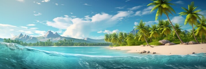 illustration of tropical paradise wallpaper with palm trees and a turquoise ocean, generative AI