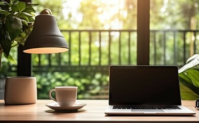 Laptop with coffee cup on work desk. Modern office workspace with view. Contemporary home setup....