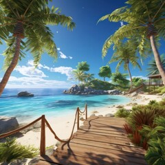 Photo of beautiful sunny paradise resort landscape with turquoise ocean sea, sun, sand beach and palm trees - 658505253