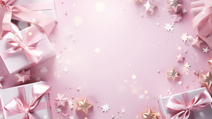 Christmas pink background top view and Flat lay - obrazy, fototapety, plakaty