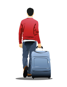 Man with suitcase going to train. Vector 3d illustration
