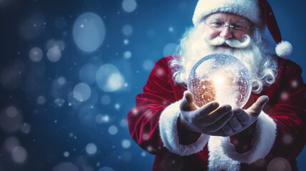 Happy Santa Claus opening christmas gift box over snowy blue background - obrazy, fototapety, plakaty