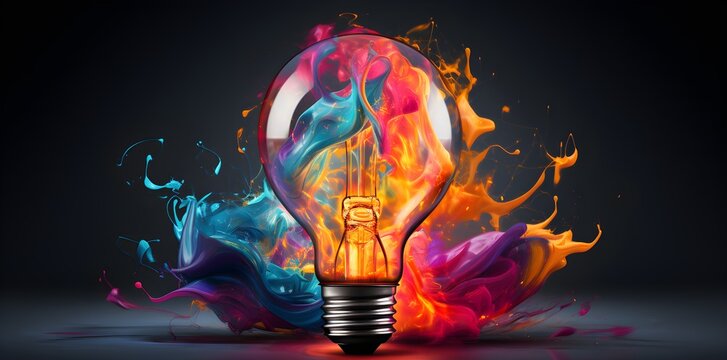 a colorful lightbulb with paint flowing across its surface, in the style of vivid energy explosions, vibrant collage, flamboyant, light academia, realistic lighting, bioluminescence. Generative AI
