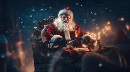 santa claus riding on sleigh with gift box - obrazy, fototapety, plakaty