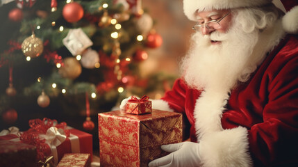 Fototapeta na wymiar Santa is placing gift boxes under Christmas tree