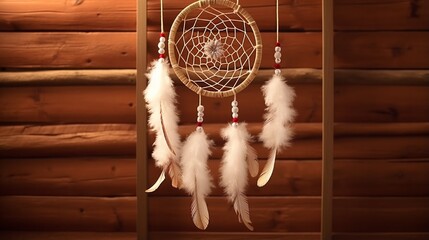 3 attached White dream catcher with feather hanging at red wooden background 4k, high detailed, full ultra HD, High resolution