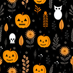 Seamless vector pattern for Halloween. Pattern with pumpkins and autumn leaves.