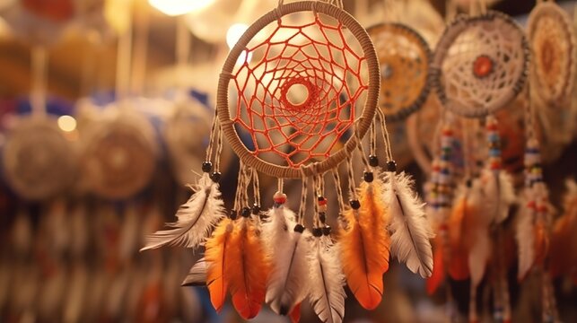 A close-up of a gorgeous dreamcatcher hanging from the ceiling of a market booth on the street, which has numerous feathers on it. crocheted by hand dream catcher. public market.