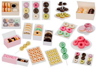 Collection of Donut on transparent background. 3D rendering
