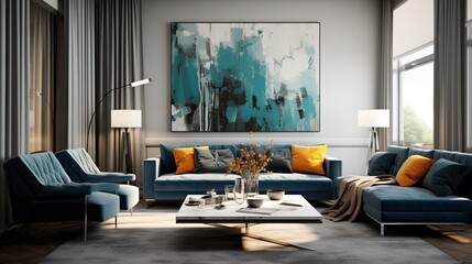 Interior design of modern living room with blue sofas and gray armchair