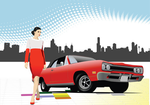 Rarity car and fashion woman on city background. Vector 3d illustration