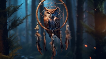 a dream catcher with an owl motif in theforest 4k, high detailed, full ultra HD, High resolution
