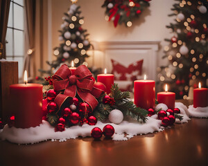 Christmas decoration for a dining table in a house with lit red candles, baubles, and a large bow