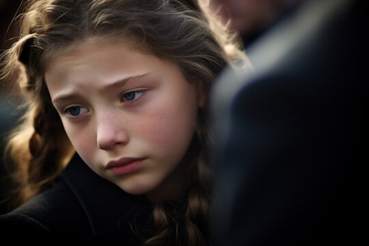 Portrait of a sad little girl on the background of the crowd.Funeral concept