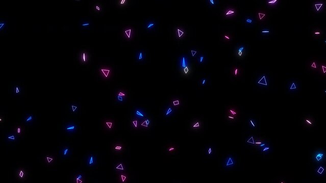 Abstract intro background animation of 3D small neon shapes like triangles and squares randomly slow moving and rotating with glow effect