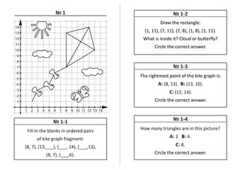 Coordinate plane learning quiz questions set 1. Two-page activity set. Educational math puzzles. No-prep, fun, engaging. Black and white, printable and photocopiable.
