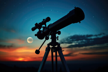 Telescope silhouette against sunset background. Hobbies of amateur astronomy. Night sky observation