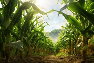 row corn tree with corn cobs in corn plantation field