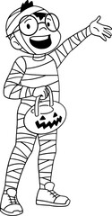 Cute boy wearing mummy costume character outline, coloring page